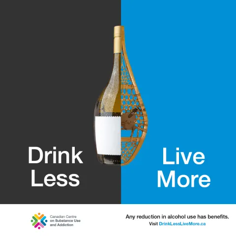 A bottle of wine over a black background split in half with half of a traditional snowshoe over a light blue background, together forming the shape of a full wine bottle or a full snowshoe.  