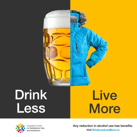 A glass stein full of beer over a black background split in half with half of a blue, hooded parka over a yellow background. The semi-parka’s sleeve is forming a hand on hip. Together, the mug and parka form the shape of a person’s torso. 