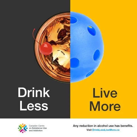 The top of a cocktail over a black background split in half with a half of a blue wiffle ball over a yellow background, together forming the shape of a circle. 