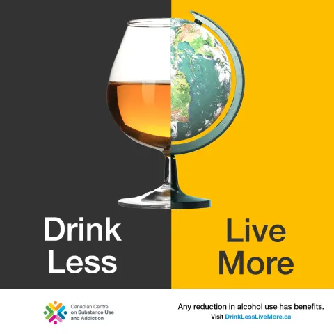 A brandy glass filled with brandy over a black background split in half with half of a globe over a yellow background, together forming the shape of a full brandy glass or a complete globe.